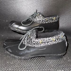 Sperry Saltwater 1-Eye Cozy Rain Duck Boot Black Cheetah Print Shoe Women Size 8